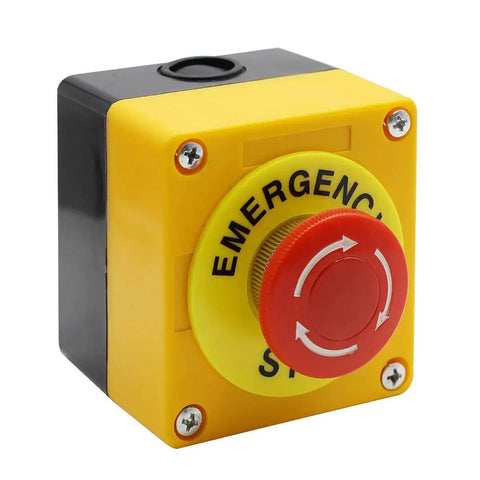 Emergency Stop Push Button Switch 660V 10A 2-Position DPST Momentary 1NO 1NC with 40mm red mushroom cap on yellow background