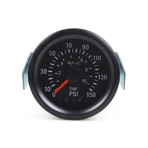 Front view of 2 Inch Mechanical Oil Pressure Gauge With Yellow LED Dial Light For Cars Reads 0 To 10 Bar Or 0 To 150 PSI 52mm Dial