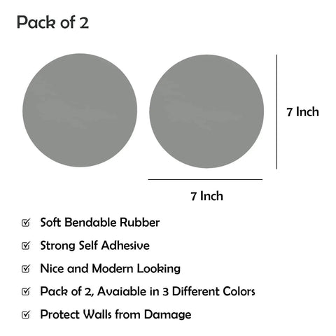Dimensions and features of 2-Pack 7 Inch Round Door Knob Wall Protectors in gray, showing shock-absorbing rubber and self-adhesive qualities.