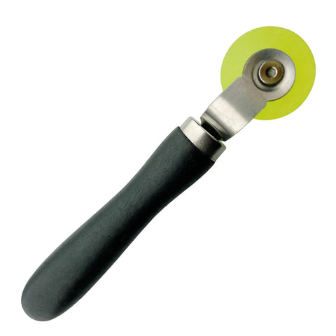 Car sound deadener application roller with black handle and yellow wheel