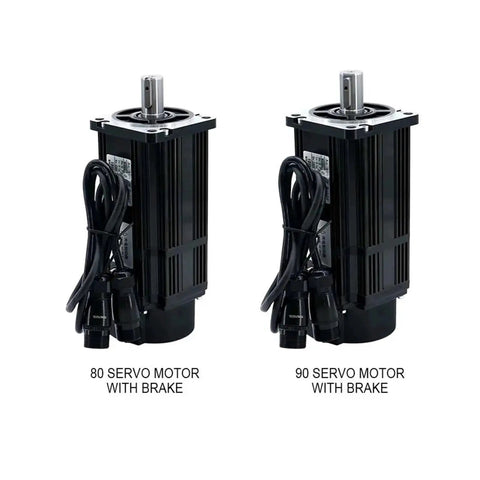 Front view of two black servo motors with brakes, 80ST and 90ST models, with power cables.
