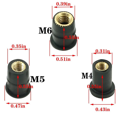 Diagram showing M4, M5, M6 rubber brass nuts with dimensions from 30 Piece Rubber Brass Nut Kit M4 M5 M6 For Motorcycles Windshield Well Nuts And Vehicle Body Fasteners Bumpers Mudguards Easy Install And Secure Fit On Every Ride