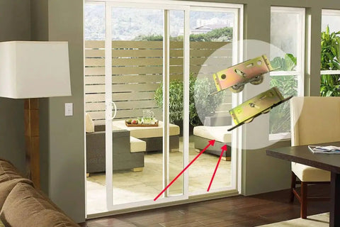 Adjustable Tandem Roller Assembly For Sliding Patio Doors One And A Quarter Inch Steel Ball Bearing Wheel Replacement Two Pack For PVC And Wood Doors Compatible With Andersen PGT Window World Lowes And Other Major Brands Providing Smooth Quiet Operation, shown installed on a patio door.