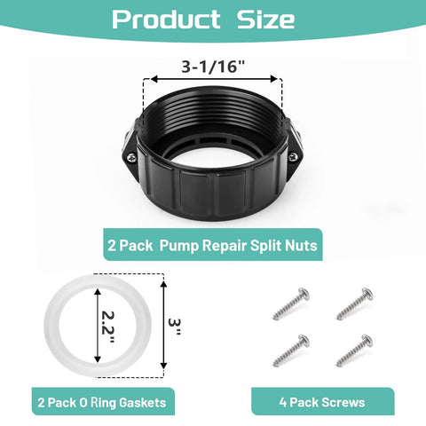Black Balboa Gecko spa heater pump union split nut, 3-1/16 in, 2-pack; includes 4 screws, 2 O-rings, 2 gaskets.