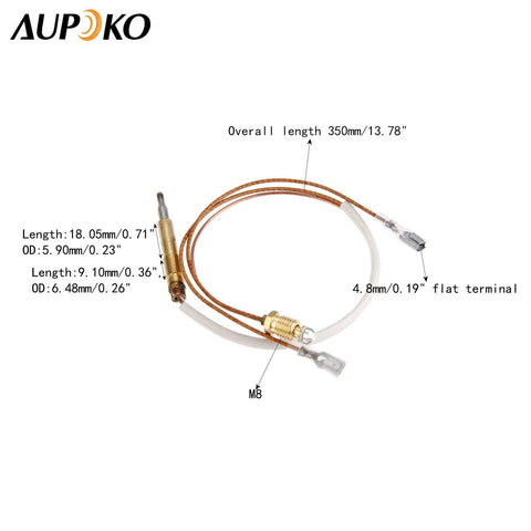 Aupoko thermocouple patio heater replacement, 350 mm length, copper tube with white insulation, brass end nut, 4.8 mm flat terminal, M8x1