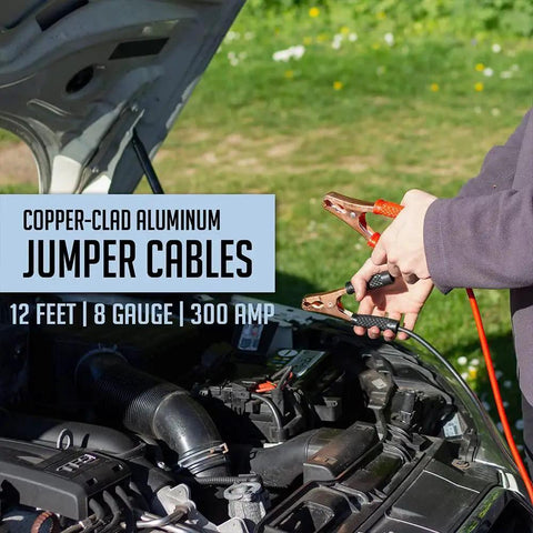 Go To Car Roadside Emergency Kit With Digital Tire Inflator 12 Foot Jumper Cable Tow Strap First Aid Kit Work Gloves Flashlight And More for vehicle jump-start
