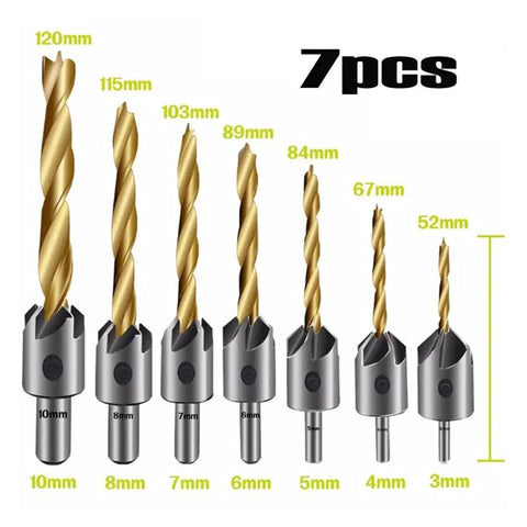 7 Piece Titanium Coated High Speed Steel Drill Bit Set 3 to 10mm Round Shank Countersunk Bits With Hex L Shaped Wrench