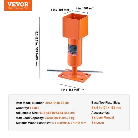 Adjustable Screw Jack Post 13.2 To 18.7 Inch Height 4x4 Leveling Jack 24700 Lb with orange steel body and measurements shown