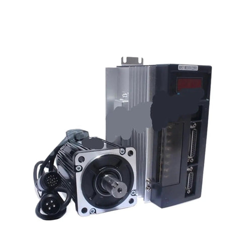 Front view of an AC servo motor with a black drive unit and attached cables