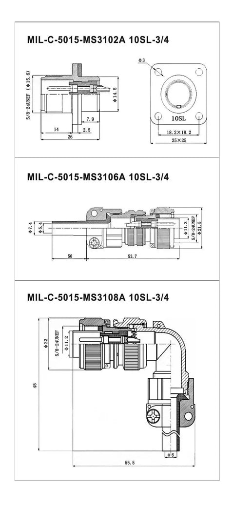 Technical diagram of Military Spec MS3106A 10SL-3 Receptacle MIL-C 5015 Connector Socket for harsh environments