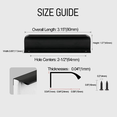 Size guide for 4 Pack Matte Black Adhesive Edge Finger Pull 3 Inch Concealed Kitchen Cabinet Handle Top Mount Flat Cabinet Pulls, showing dimensions.