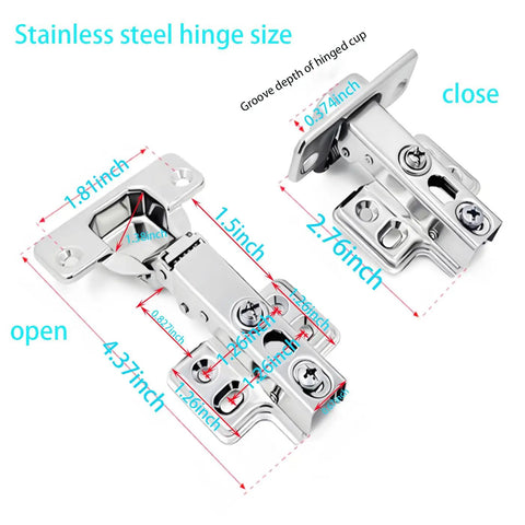 Two Pack 100 Degree Frameless European Style Soft Close Kitchen Cabinet Hinges With Six Way Adjustable Stainless Steel Built In Damping Hydraulic System Full Cover Quiet Soft Close Action Easy To Install Screws Included For Frameless Cabinets showing open and close views with dimensions