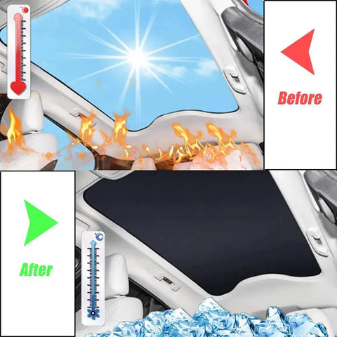 Ford Mustang MachE Sunroof Sunshade Foldable Glass Roof UV Blocks 99 Percent shown before and after installation.