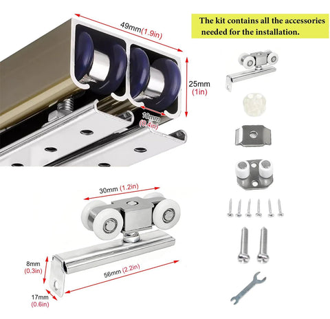 Heavy Duty Double Track Barn Door Hardware Kit With 4 Rollers For Wardrobe Or Bifold Doors Champagne Finish 220cm Rail