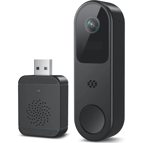 2K HD Battery Wireless Doorbell Camera With Ring Chime, shown with USB chime, black color, front view showing camera lens and button