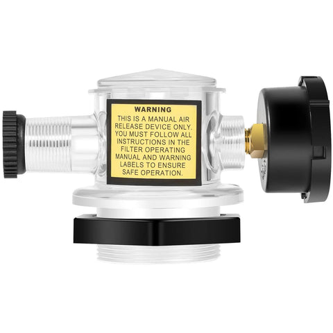 273564Z manual air relief valve with pressure gauge for Pentair Triton pool filters; clear body, black cap