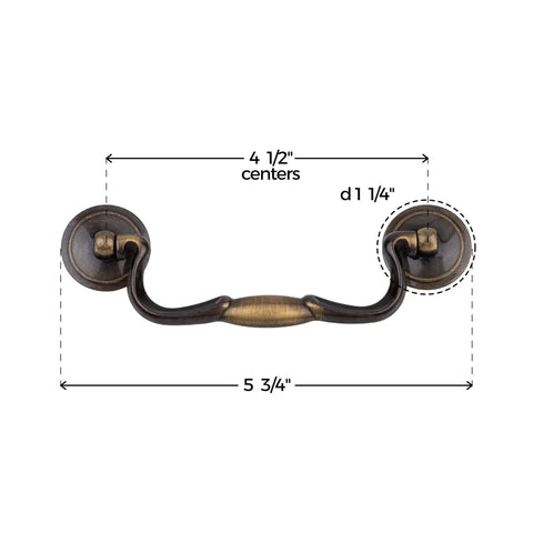 Antique Satin Brass Drawer Bail Pull Handle With Four And A Half Inch Center To Center And Five And Three Quarter Inch Pull Length Die Cast Zinc