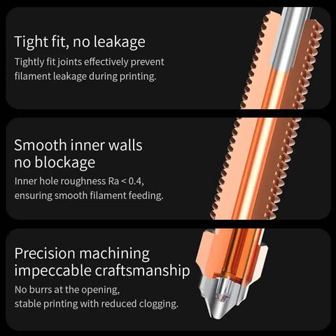 Upgrade 0.4mm Hardened Steel Nozzles Kit showcasing tight fit, smooth walls, precision machining for pro grade flow and smoother prints