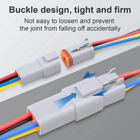 2 Pack 12 Pin Waterproof DT Connector Set with snap-on design showcasing male and female wires, ideal for sealed auto electrical connections