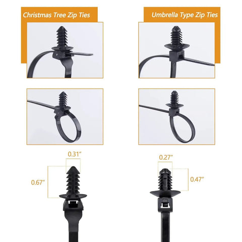 Universal Nylon Cable Tie Buckle Clips Kit 160 Pcs Self Locking Zip Ties With Push Pin Anchors close-up of zip ties types