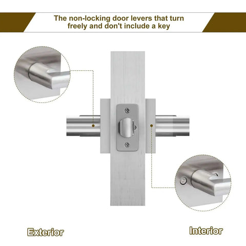 Close-up of six pack interior door levers for passage doors no locking heavy duty satin nickel finish with square plates reversible