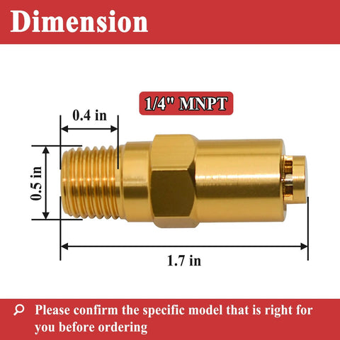 Brass 1/4 in MNPT thermal relief valve for gas pressure washers, side view with threaded end and hex body