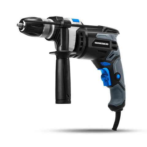 Side view of Powerful 7.5 Amp Variable Speed Hammer Drill With One Half Inch Keyless Chuck And 6 Bit Set From Hammerhead, Dual Function