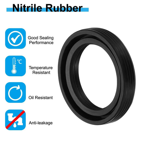 Reliable 25mm X 35mm X 7mm Oil Seal Set For Bearings Pumps And Engines, Beefy Nitrile Rubber TG4 Seal With 70A Hardness, black rubber seal with icons for sealing, temperature, oil resistance, and anti-leak features displayed next to product.