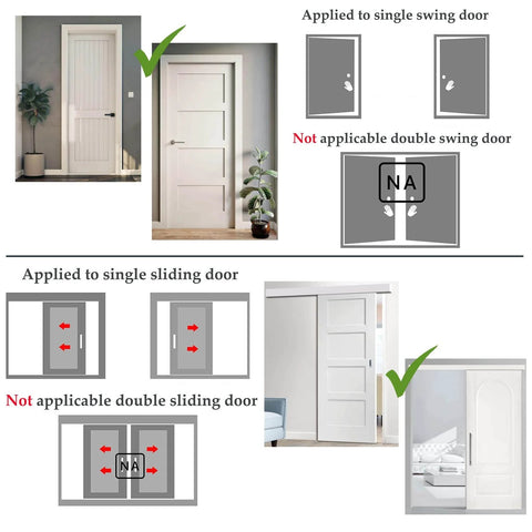 Diagrams showing installation options for Two Pack Beefy Stainless Steel Barn Door Lock Set With 90 Degree Latch And Catches For Sliding Bathroom Doors Black Finish Heavy Duty Hardware Easy Install Quiet Secure Latching And Smooth Sliding.