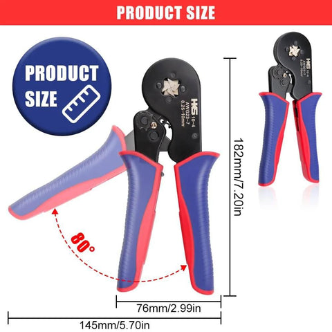 Pro Grade Ferrule Crimping Tool Kit With Square Crimpers For AWG 23 To 7 Wire Ends And End Sleeves Insulated And Uninsulated Terminals 1900 Pcs Wire End Sleeve Kit For Electricians And DIYers, showing tool dimensions
