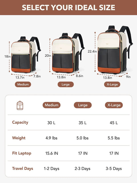 Size comparison of 22-Inch Two In One Rolling Backpack And Suitcase For Women with dimensions and capacities for Medium, Large, and X-Large.
