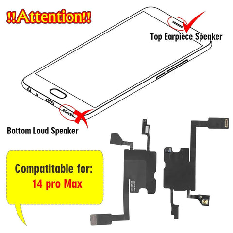 Diagram highlighting iPhone 14 Pro Max top earpiece speaker replacement location with compatibility note for models A2894, A2651, A2893, A2895.