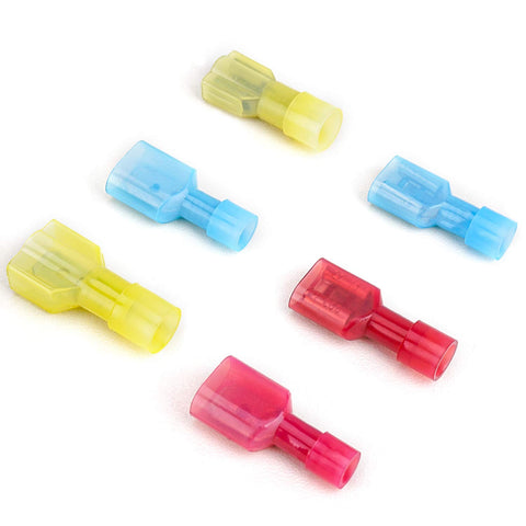Six nylon spade quick-disconnect insulated terminals in red, blue, and yellow (male and female)