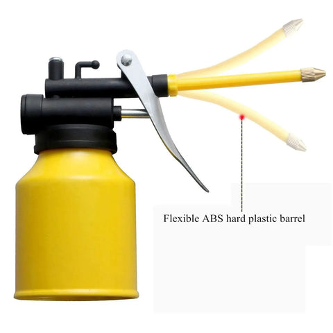Durable Yellow Metal Oiler Can With Dual Spouts And Built In Pump 8oz 250ml 9 Inch Flexible Spout And 3 Inch Straight Nozzle