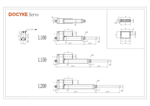 Technical drawings of Digital Linear Servo Actuator Long Stroke 150mm for DIY Robots Home Automation and Arduino, side views.