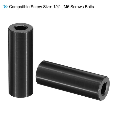 Beefy M6 Aluminum Spacers Ten Pack Round Screw Standoffs Built Tough Inner Diameter M6 Outer Diameter One Half Inch Length One and One Half Inches For Quarter Inch Or M6 Bolts Durable Corrosion Resistant, showing side and front view
