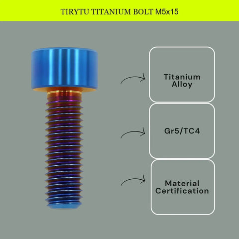 Close-up of Burnt Blue Titanium M5x15mm Hex Socket Screw with material details, for Bike Water Bottle Cage, 4 Pack TIRYTU.