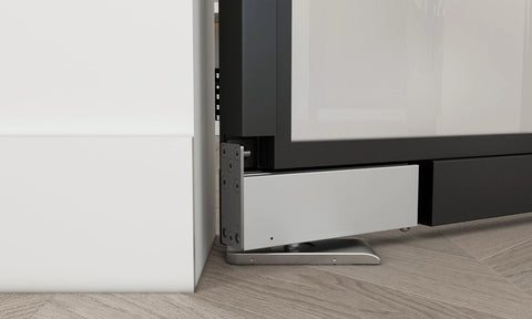 Close-up of pivot hinge on 36 In By 84 In Full Lite Opaque Frosted Glass Interior Pivot Door With Black Steel Frame And Pivot Hinge Hardware Kit