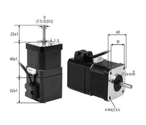 12V four-lead permanent-magnet brake stepper motor pair, black; front and side views with mounting dimensions.