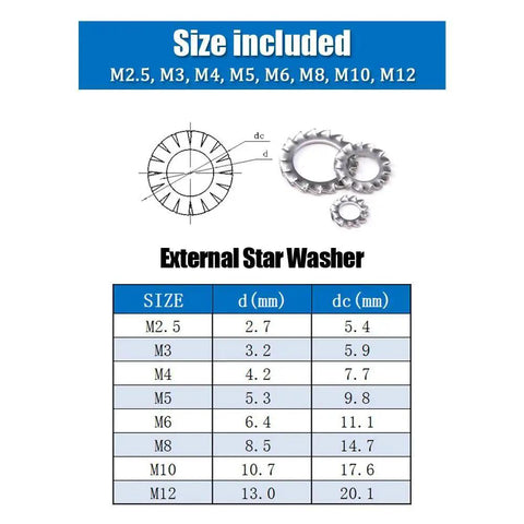 Front view: Hilitchi external tooth star lock washers assortment kit, 304 stainless steel, sizes M2.5–M12