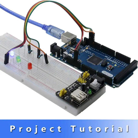 Close-up of Mega 2560 board with connected breadboard, LEDs, and wires from Ultimate STEM Electronics Starter Kit.