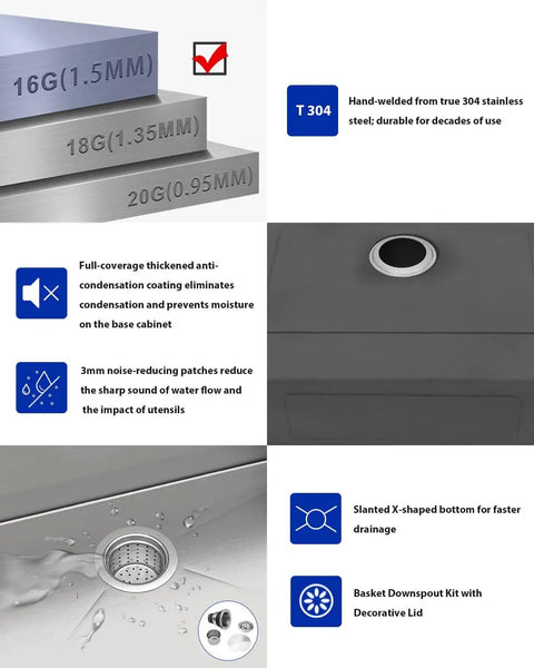 Properties and features of the Undermount 33 Inch Stainless Steel Workstation Kitchen Sink Heavy-Duty 16 Gauge 304 Handmade Welded Construction.