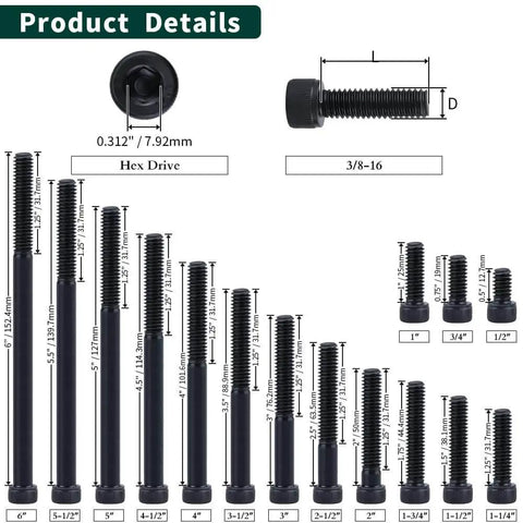 Product details for 3/8-16 X 2 Socket Head Cap Screws Bolts, 12.9 Grade Alloy Steel, Black Oxide Finish, diagram with sizes