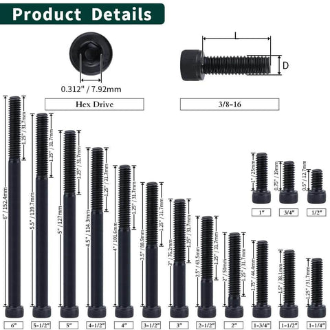 Diagram showing various sizes of 3/8-16 Inch Socket Head Cap Screws Bolts 1-1/4 Inch Long Full Thread 12.9 Grade Alloy Steel.