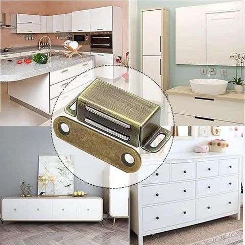 Heavy Duty Magnetic Cabinet Catches 2 Pack Holds Up To 15 Lbs Cupboard Door Magnets Stainless Steel shown in kitchen and bathroom settings