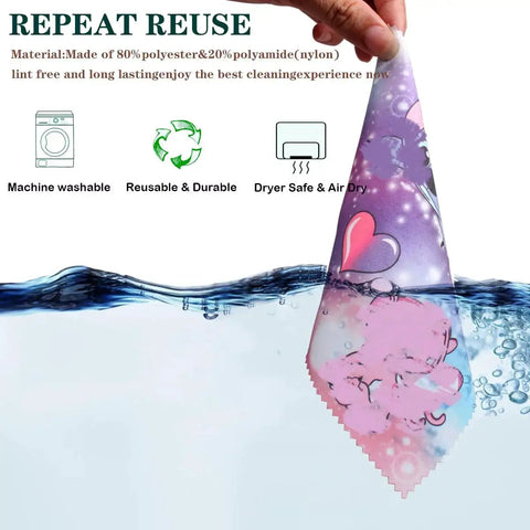 12 Pack Cartoon Color Microfiber Cleaning Cloths For Cameras Lenses Glasses Sunglasses Jewelry Crystals And Screens Soft Ultra Gentle Safe For Delicate Surfaces 7.08 By 5.9 Inches Ideal For Travel Use shown partially submerged in water, highlighting its water-resistant features and cartoon design.