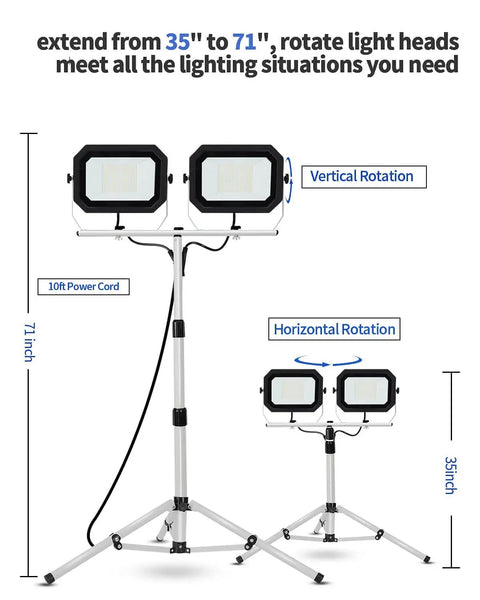 Dual Head 200W LED Work Light With Adjustable Telescoping Tripod Stand, 20000 Lumen And 10000 Lumen Brightness Options