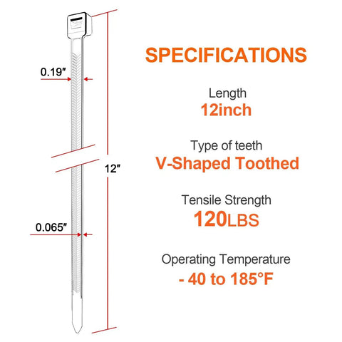 Diagram showing specifications of Heavy Duty 12 Inch Cable Ties With 120 Lb Tensile Strength, V Shaped Teethed Double Sided Grip.