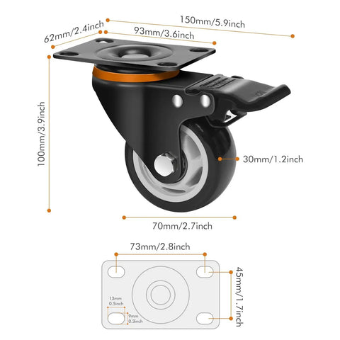 Heavy Duty 3-Inch Locking Swivel Caster With Brake, Ball Bearing Mount, Polyurethane Wheel, Measurements, Steel Frame, Side View