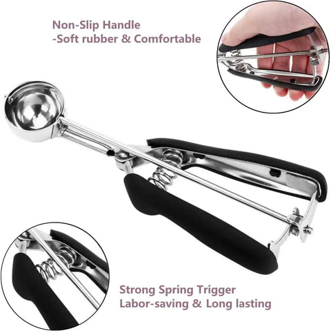 Go To 2 Tbsp Cookie Scoop Ice Cream Scooper With Trigger Release 18 8 Stainless Steel Dough Scoop non-slip handle close-up